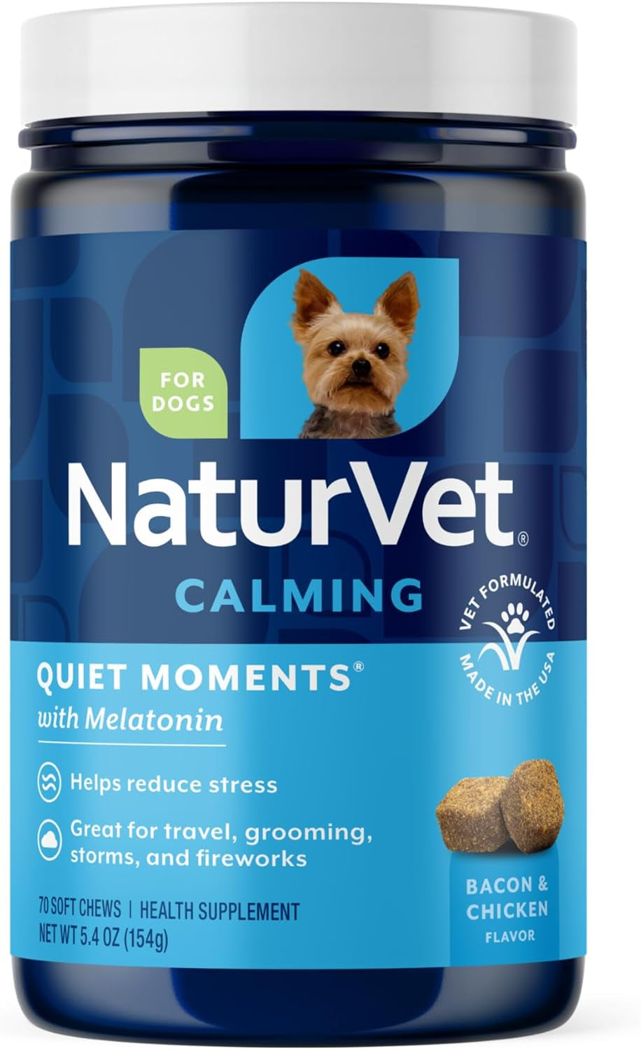 Quiet Moments Calming Dog Supplement, Dog Soft Chews with Melatonin to Help Reduce Stress from Storms, the Vet, Fireworks, and Travel, Bacon and Chicken Flavored Pet Supplement, 70 Count Jar