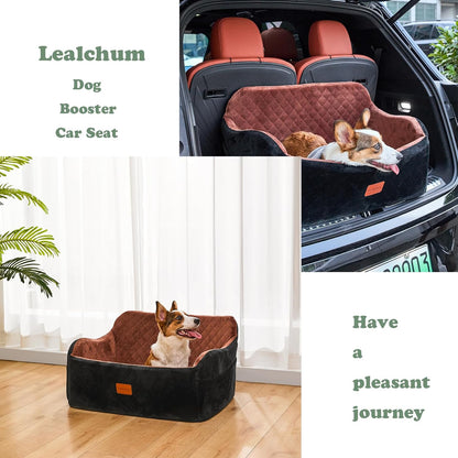 Dog Car Seat for Large Size Dog,Soft Fabric Car Dog Bed Filling Memory Foam,2 Clip-On Safety Leashs and 2 Pockets,Removable and Washable Comfy Pet Car Seat(Black/Brown, Large)