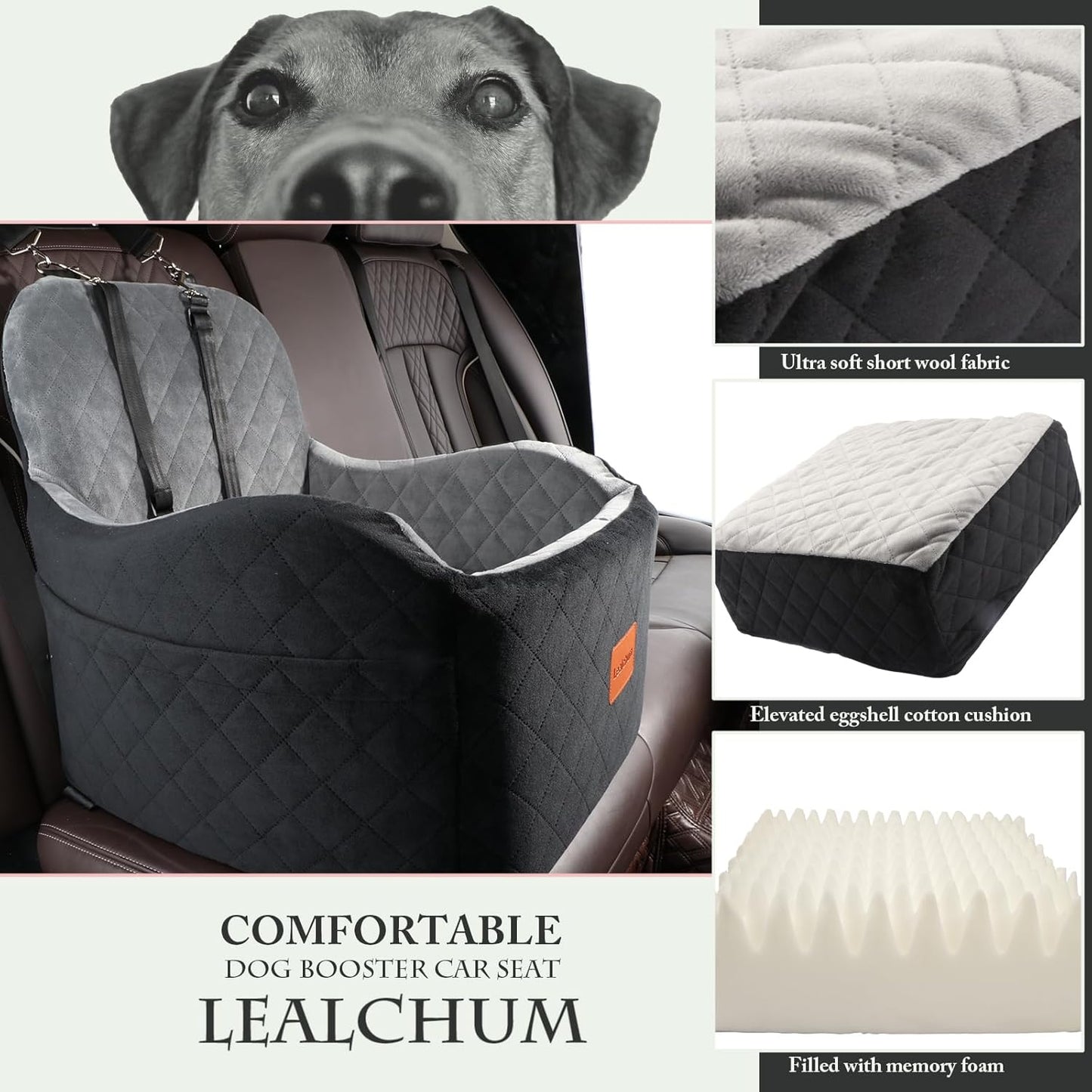 Elevated Memory Foam Dog Booster Car Seat for Small to Medium Dogs, Fully Detachable and Washable with Safety Leashes and Anti-Slip Base (Black/Grey, Medium)