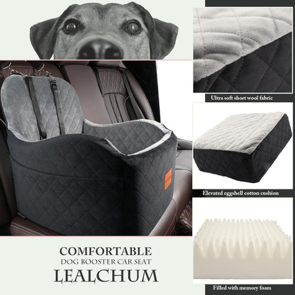 Elevated Memory Foam Dog Booster Car Seat for Small to Medium Dogs, Fully Detachable and Washable with Safety Leashes and Anti-Slip Base (Black/Grey, Medium)