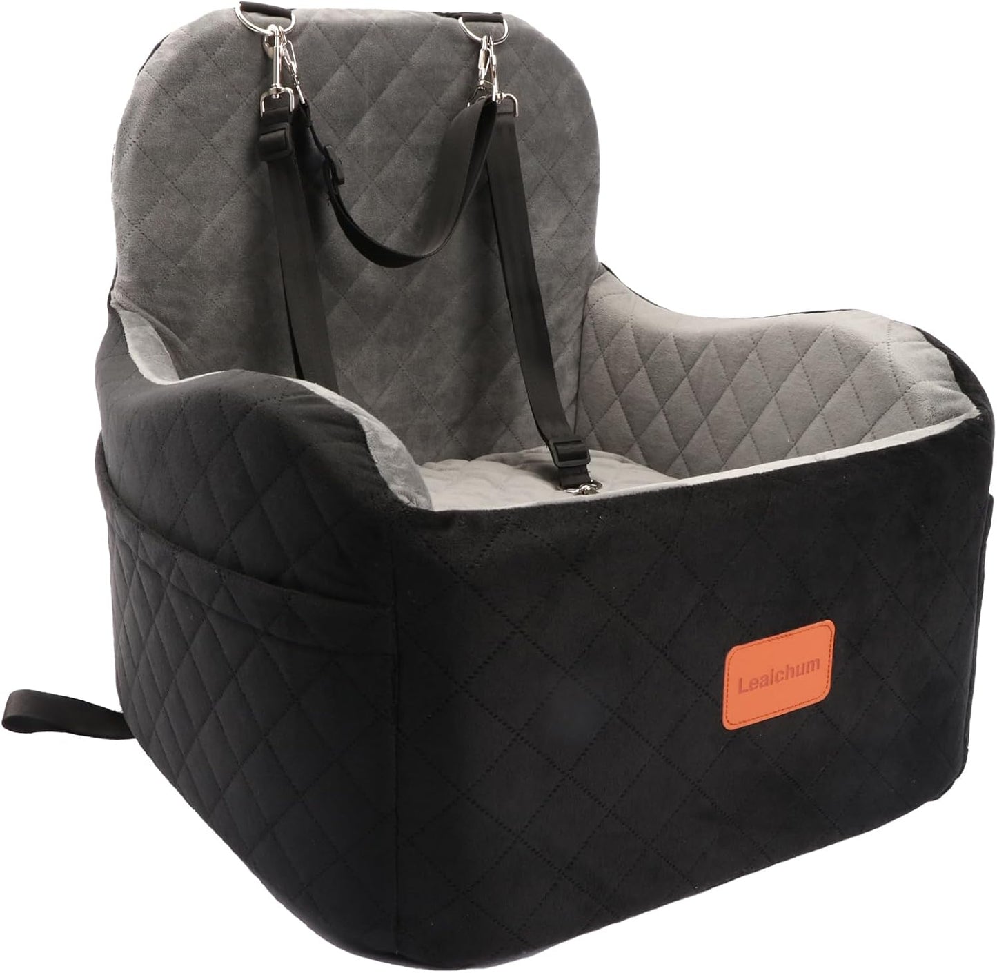 Elevated Memory Foam Dog Booster Car Seat for Small to Medium Dogs, Fully Detachable and Washable with Safety Leashes and Anti-Slip Base (Black/Grey, Medium)