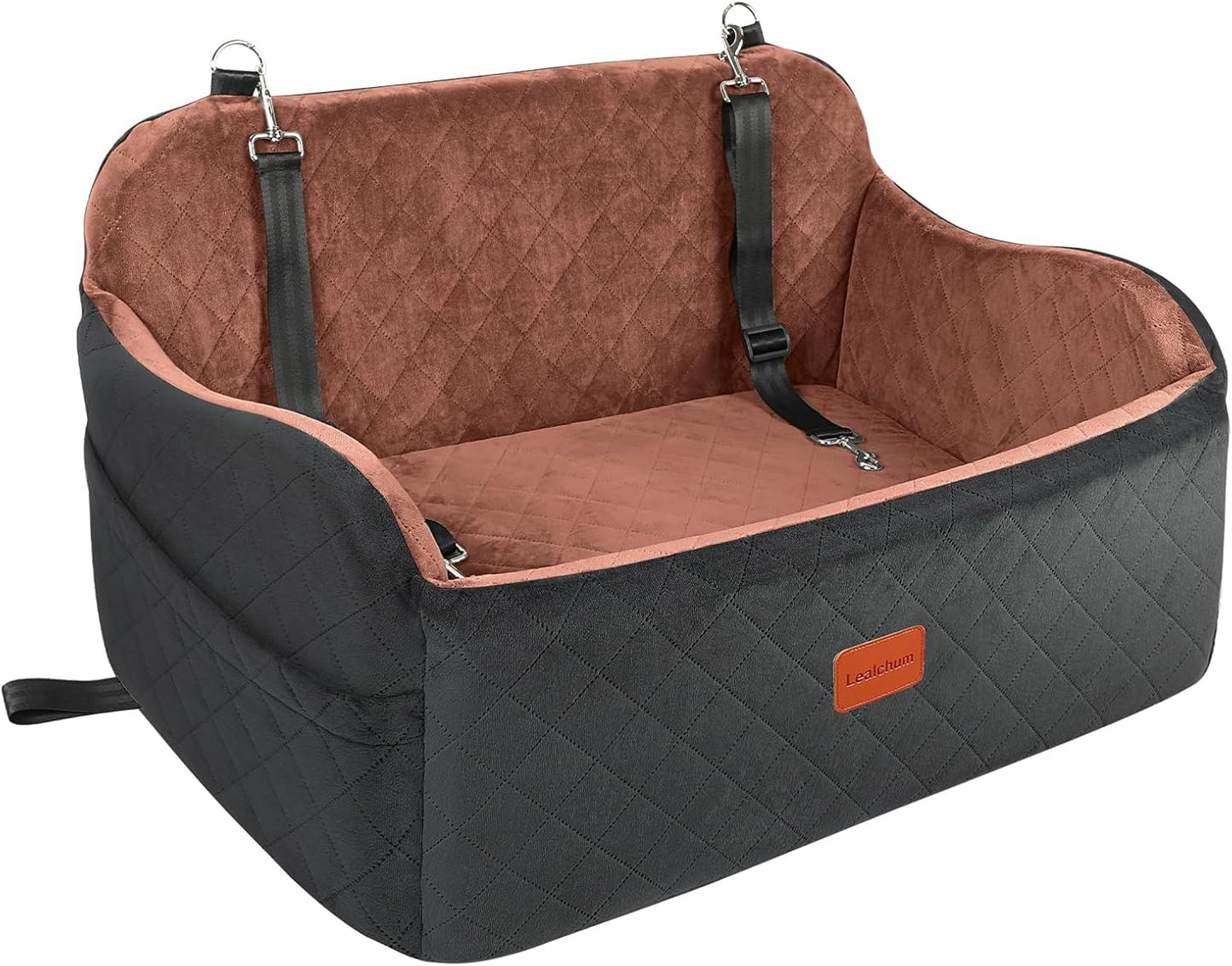 Dog Car Seat for Large Size Dog,Soft Fabric Car Dog Bed Filling Memory Foam,2 Clip-On Safety Leashs and 2 Pockets,Removable and Washable Comfy Pet Car Seat(Black/Brown, Large)
